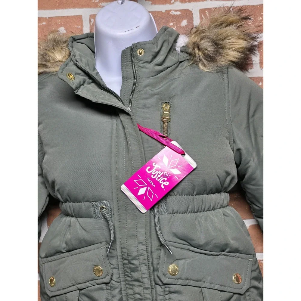 Justice Girls Puffer Jacket Faux Fur Lined With‎ Hood Sz XS 5/6 Green